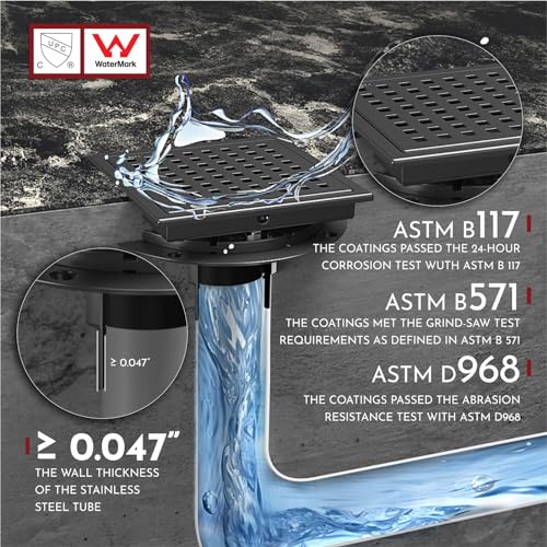 WEBANG 6 Inch Square Shower Floor Drain with Flange,Quadrato Pattern Grate Removable,Food-Grade SUS 304 Stainless Steel,Watermark&CUPC Certified,Matte Black - Image 6