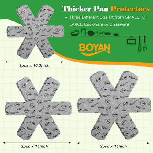 BOYAN Thicker Pot and Pan Protectors, Felt Pot Protectors for Stacking, Set of 6 & 3 Different Sizes, Pan Separators for Stacking Cookware Skillet Ceramic Saucepan Glassware
