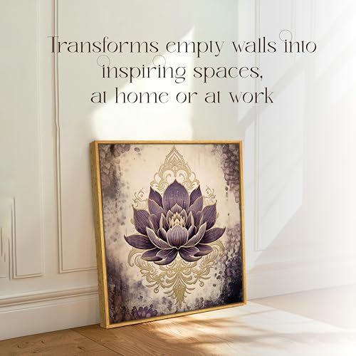 Image of PAINTINGMANTRA Multicolor Abstract Stretched Canvas Framed Painting Wall Art for Living Room Bedroom Office Cafe Beige Purple Gold Lotus Indian Folk Framed Canvas Wall Decor Painting Frame (58x58 cm)