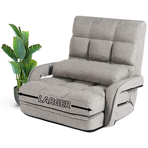 STHOUYN Chaise Lounge Indoor, Folding Floor Lazy Sofa Foldable Bed Chair 5-Position Adjustable Comfy Gaming Recliner Chair Padded Seats with Armrests Pillow, Chaise Couch Living Room (Light Grey)