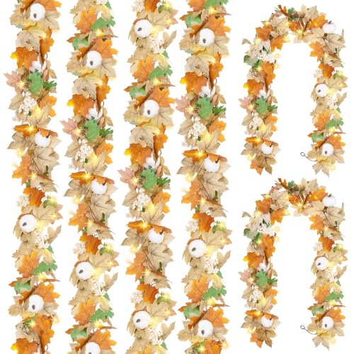 CQURE 6 Pack Fall Leaf Garland with Lights, Total 35.4Ft Artificial Fall Maple Leaves Autumn Vines Garland with LED Lights Thanksgiving Decor for Home Fireplace Party - image 2