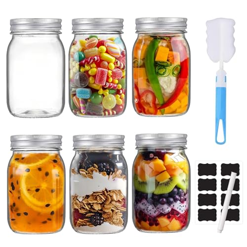KIMIGO Tarros de Cristal con Tapa - 500ml Mason Jars Frascos De Vidrio Con Tapa de Pack de 6,Tarros de Cristal Herméticos para Mermelada Avena Alimentos en Escabeche - Incluye etiquetas y esponja
