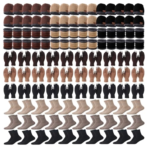 Suhine 120 Pcs Bulk Unisex Winter Beanie Hat Scarf Gloves Socks Set for Men Women Homeless Fleece Lined Beanies Winter Gift, Black, Khaki, Coffee, One size