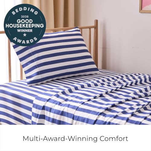 Image of Mellanni Twin XL Sheets Set - 3 PC Iconic Collection Bedding | Hotel Luxury, Extra Soft, Cooling Bed Sheets - Wrinkle, Fade, Stain Resistant (Twin Extra Long, Oxford Stripe Blue Nova)