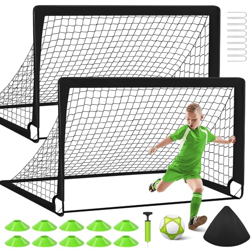 Image of 2 Soccer Goal of 4X3 FT for Backyard, Portable Football Goal Training Equipment with Soccer Ball, 10 Football Cones, Carry Bag, Practice Net for Youth Games, Sports
