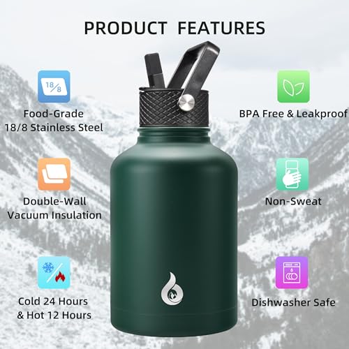 Image of BJPKPK Insulated Water Bottles with Straw Lid, 50oz Large Water Jug, Stainless Steel Vacuum Bottles, Hot & Cold Thermo with 3 Lids and Paracord Handle,Army Green