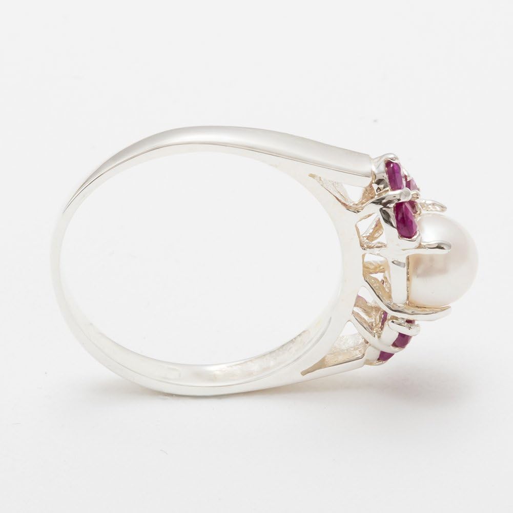 925 Sterling Silver Cultured Pearl & Ruby Womens Cluster Anniversary Ring