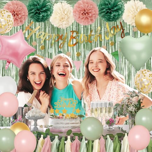 Image of Pink Sage Green Birthday Party Decorations kits for Girls Women with Happy Birthday Banner, Fringe Curtain,Foil Balloons,Tissue Pompoms,Dots Garland,Tassels Garland,Cake Topper for birthday decor