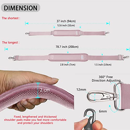 Image of ZINZ 79 inch Shoulder Strap, Extra-thick Fixed Cushion Pad and Dual Clasps Universal Replacement Strap with Metal Swivel Hooks for Laptop Bags, Luggage Bags, Camera, Crossbody (200cm,Pink)