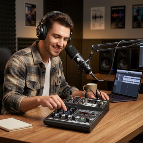 Image of Audio Array 4-Channel 3-Out Hybrid USB Summing Audio Mixer | 4 Analog & 2 Digital Channels | 99 DSP FX | 192kHz /24-Bit OTG | Balanced XLR Output | Phantom Power & Hi-Z | BE-4