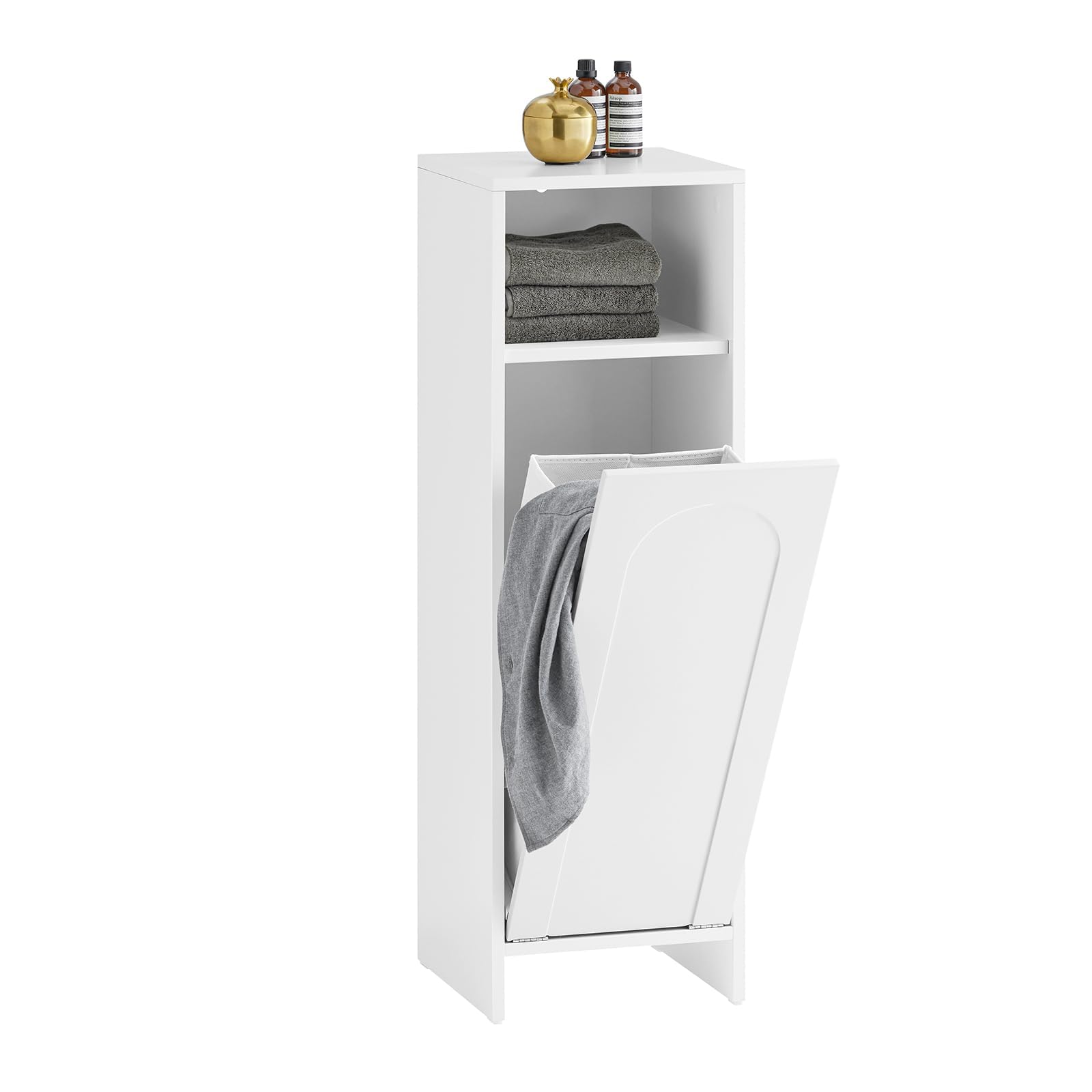 SoBuy Mobile Bagno Salvaspazio con Sacco Portabiancheria | 30x97x30cm Mobiletto Bagno in Legno con Cesto Estraibile per Piccoli Bagni o WC Ospiti Bianco, BZR161-W