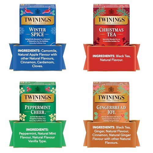 Twinings Holiday Variety Pack Tea Bags, Christmas Tea, Winter Spice, Gingerbread Joy, Peppermint Cheer, 20 Count (Pack of 4), Enjoy Hot or Iced, 80 Teabags