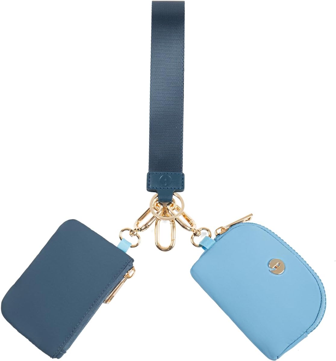 Dual Pouch Wristlet Keychain Wallets for Women with 2 Detachable Zipper Coin Purse - Small and Portable Mini Card Wallet for Women Men Gold Hardware Navy+Sky Blue