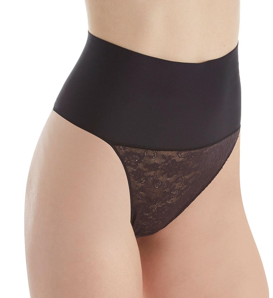 Maidenform Women's Tame Your Tummy Shaping Thong with Cool Comfort Waist Shapewear, Black Lace, S