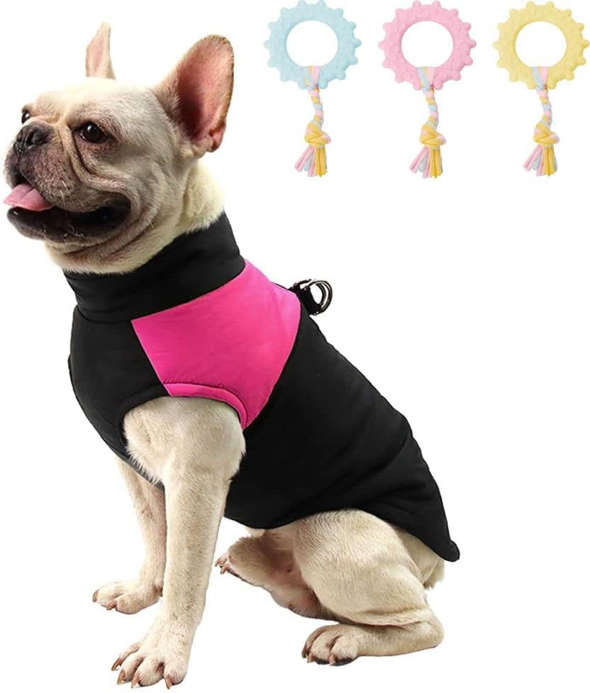 Color Block Warm Dog Coat Vest Jacket Waterproof Coat with Leash Hole for Dogs Pink L
