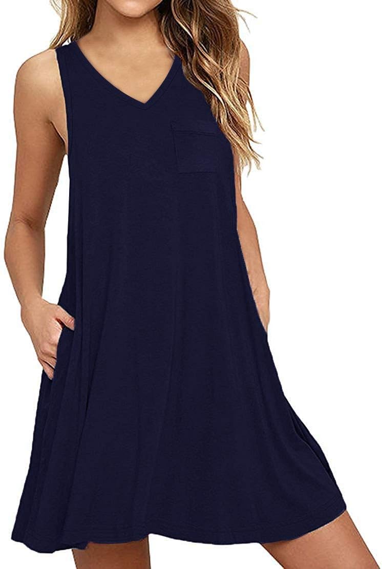 SENSERISE Womens Summer Beach Dress Sleeveless T Shirt Tank Dress Swimsuit Cover Up with Pockets(04-Navy Blue,L)