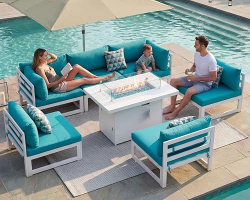 BULEXYARD 7 Piece Aluminum Patio Sofa Set with Fire Pit Table, Turquoise