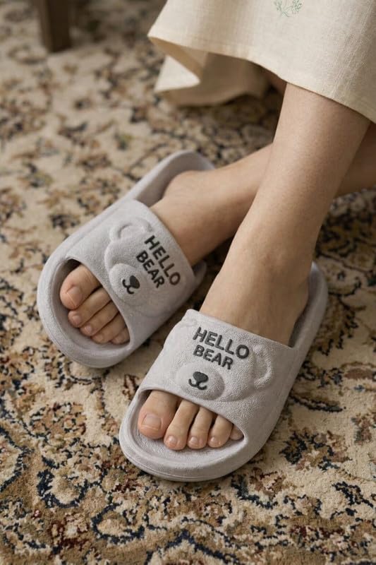 Image of Cute Hello Bear Slip-On Slides For Women | Lightweight Waterproof EVA Material | Stylish Flip Flops For Girls | Stylish Slides For Daily Wear, Lounge, Casual & Everyday Wear