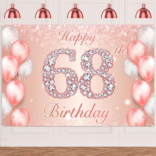 Image of Happy 68th Birthday Rose Gold Banner Cheers to 68 Years Old Backdrop Confetti Balloons Theme Decor for Women 68 Years Old Pink Birthday Party Decorations Bday Supplies Background Favors Gift Glitter
