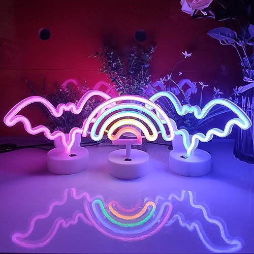 Image of JYWJ Neon Signs with Holder Base,USB or 3-AA Battery Powered Neon Light,LED Table Decoration,Bedroom Wall Decoration,Birthday Gift,Wedding Supplies Business Gift(Rainbow)