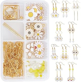 SUNNYCLUE 1 Box DIY Make 10 Pairs Daisy earrings Making Kit Including Daisy Flower Charms Glass Beads Links Pendants Earring Findings for Women Adults Jewellery Earring Making Crafts