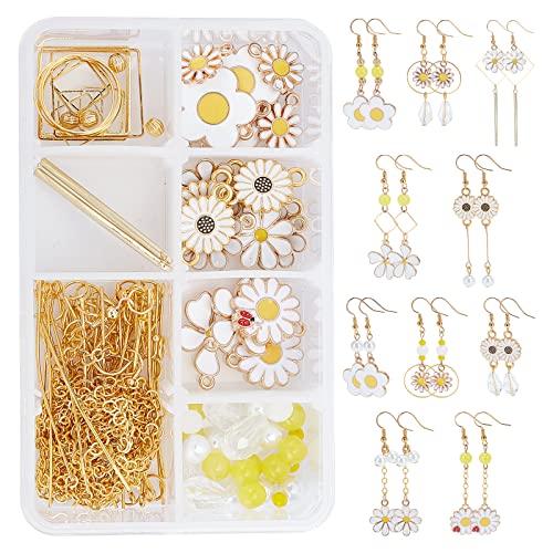 SUNNYCLUE 1 Box DIY 10 Pairs Thanksgiving Day Daisy Flower Charms Earrings Making Starter Kit White Enamel Flower Charms Glass Beads Linking Rings Earring Hooks for Jewelry Making Kits Adult Women