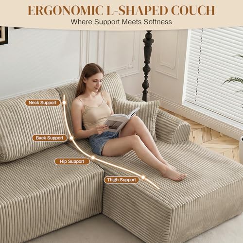 Image of 110 inch L Shaped Boneless Sectional Couches for Living Room, Comfy Corduroy Floor Cloud Sofa with Chaise, Wide Armrest, Deep Seat, Memory Foam, Assembly Free, Ideal for Small Spaces, Brown