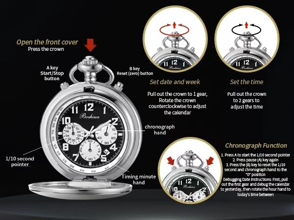 Image of BOSHIYA Multifunctional Stopwatch Calendar Silver Gold Black Pocket Watch with Bracelet