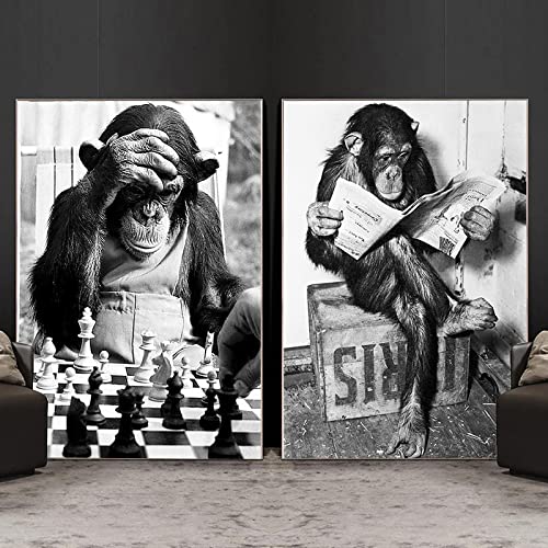 Toile drôle singe jouer aux échecs affiche gorille humour noir et blanc pour le salon