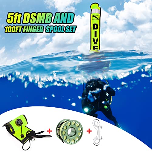 Scuba Surface Marker Buoy (Smb) Set, 5Ft Hi-Visibility Reflective Band Open Bottom Safety Sausage With 100Ft Alloy Finger Spool Dive Reel And Double-Ended Snap Hook Fits Underwater Fluorescent Yellow #TOP1