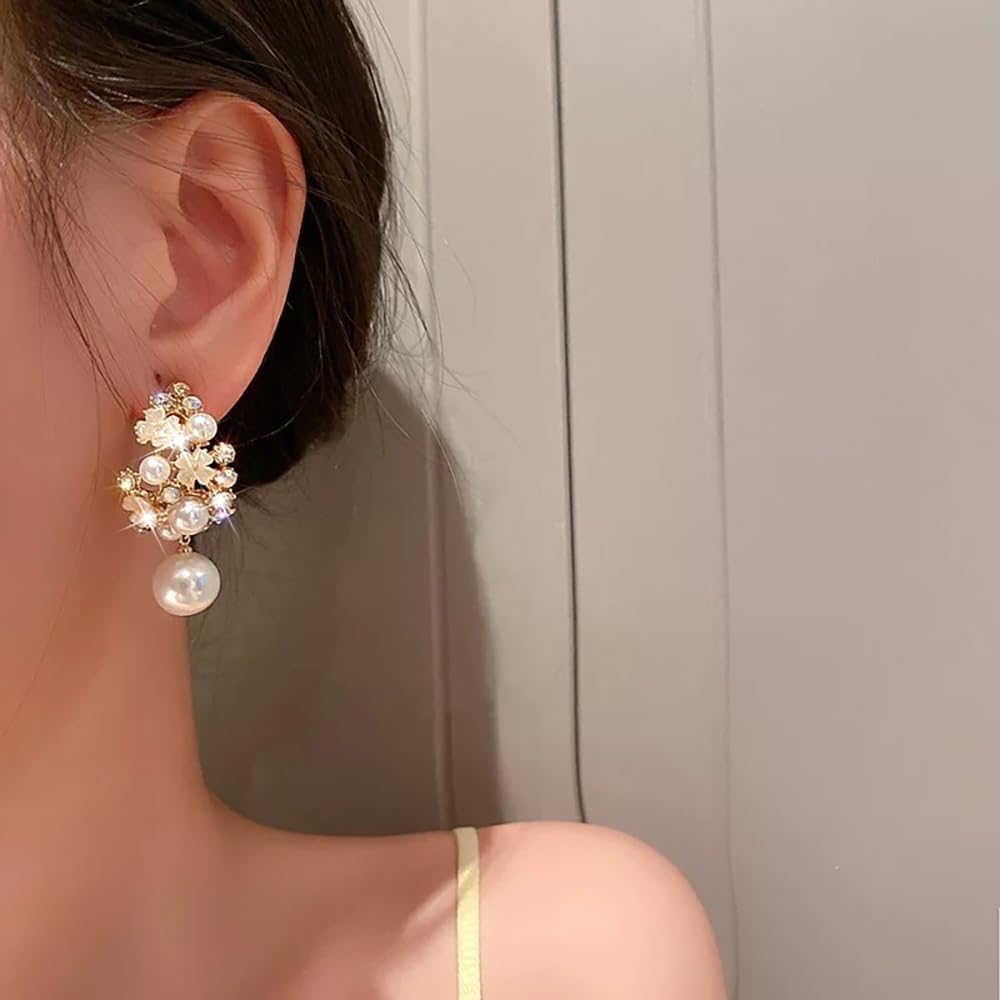 Pearl Round Bead Dangle Earrings for Women Shiny Rhinestone Flower Pearl Statement Earrings Crystal Pearls Drop Charm Earring Jewelry Wedding Gifts - Image 7
