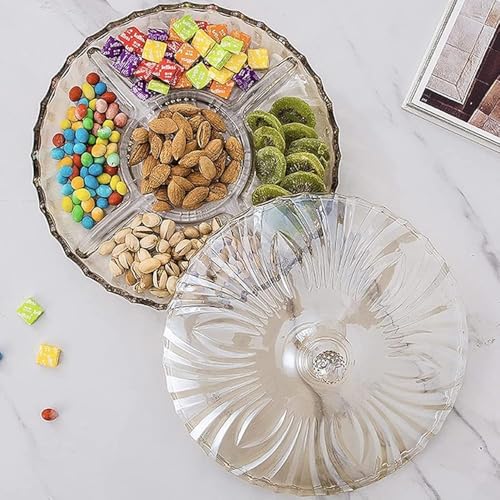 Plateau à goûter en verre divisé avec couvercle, 5 compartiments pour noix, fruits secs, base en métal, plateau de service pour table basse, décoration d'intérieur