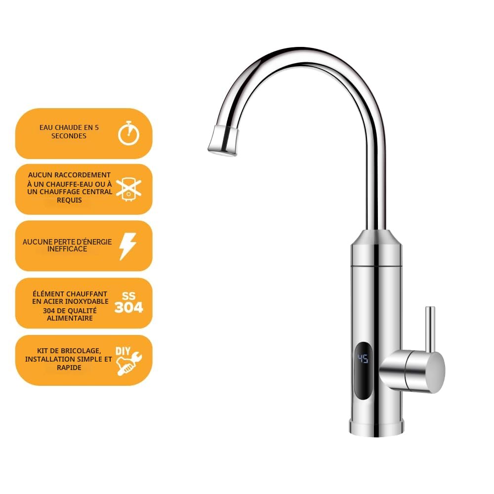 HOGART Robinet électrique avec chauffe-eau instantané 230 V pour cuisine, jardin, salle de bain, caravane, camping, chauffage intelligent, robinet avec chauffe-eau instantané, robinet d'eau chaude
