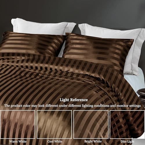 Whale Flotilla 3-Piece Reversible Silky Soft King Size Comforter Set, Luxury Stripe Satin Oversized Comforter Bedding Set with 2 Satin Pillowcases, Lightweight Duvet Set for All Seasons, Brown by Whale Flotilla - Used condition - Image 4