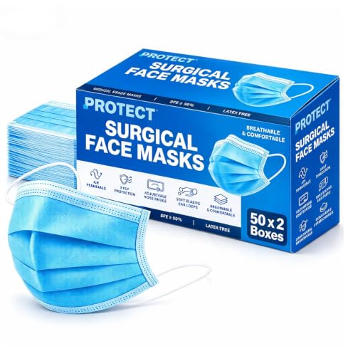 Image of firmsafeT Premium Disposable Face Masks 100 Pack, Blue, 3-Ply Type IIR General Use Masks with Elastic Ear Loops, Breathable Triple Layer Protection for Men & Women