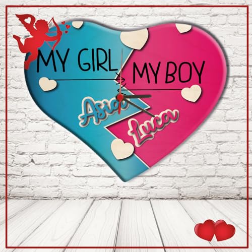 Orologio da Parete Personalizzato con foto e numeri in legno Orologi a muro a forma di Cuore e Cerchio Idea Regalo per la Casa lui lei Love Amore Coppia di fidanzati ''BOY AND GIRL''