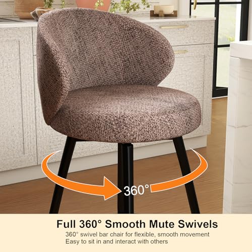 Image of 360 Swivel Modern Bar Stool Set of 4, 26 inch Upholstered Counter Height Bar Stools with Wingback, Soft Linen Fabric, Counter Chairs with Arm for Kitchen Island or Home Bar, Brown