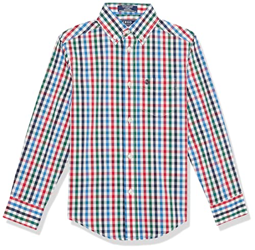 Izod Boys' Long Sleeve Button-Down Dress Shirt, Tango Red/Seabright Plaid, 18-20 #TOP26