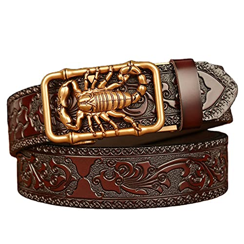 Ceinture cuir pleine fleur gravé floral marron 105cm boucle automatique