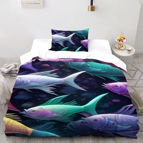 Parure de lit poisson vert avec housse de couette single 135x200 et taies d'oreiller animaux 3D - 2