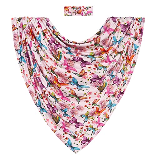 Image of Posh Peanut Swaddle Blanket & Headband Set - Viscose from Bamboo Stretchy Baby Swaddle for Newborn Girls, Receiving Blanket or Nursing Cover (Watercolor Butterfly)