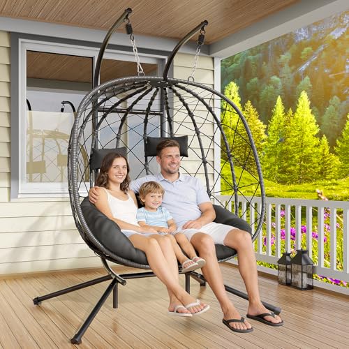 LEVELEVE Double Egg Swing Chair with Stand - 2 Person Outdoor Patio Hanging Wicker Hammock Chair with Cushion Black for Garden Lawn Bedroom Indoor/Outdoor Use