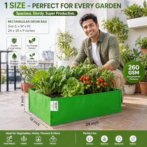 Image of HDPE 260 GSM Rectangular Grow Bag (24x18x9 Inch) | Reusable UV Stabilized Grow Bags for Terrace, Balcony & Kitchen Garden | Heavy Duty Vegetable Planter | Ideal for Leafy Plant & Herbs
