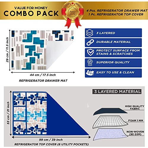 Image of Polyester 3-Layered Fridge Top Cover /Refrigerator Cover with Utility Pockets and Set of 4 Pc Fridge Mats (Color-Blue, Size-39x21 Inch)