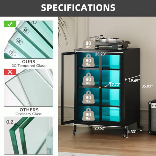 WOOW DEPOT Metal Media Cabinet with 13-Color LED Lights & Swivel Wheels, 4-Tier Stereo Cabinet with Glass Doors, Adjustable Shelves AV Rack with Cable Management, Black