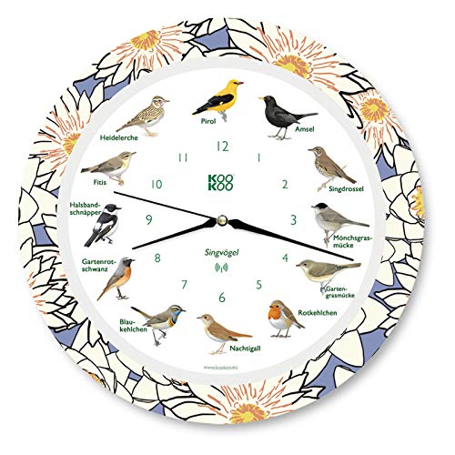 KOOKOO Enesco Water Lily - Reloj de Pared con 12 pájaros Cantantes y Sonidos Naturales auténticos, con Mecanismo de Cuarzo radiocontrol (Water Lily) Cover