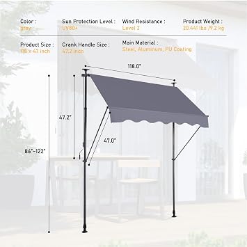 118'' Retractable Patio Awning Adjustable Outdoor Sun Shade with UV Protection, Durable Manual Canopy for Patio, Balcony, Door, Window, and Backyard, Waterproof Polyester Sunshade