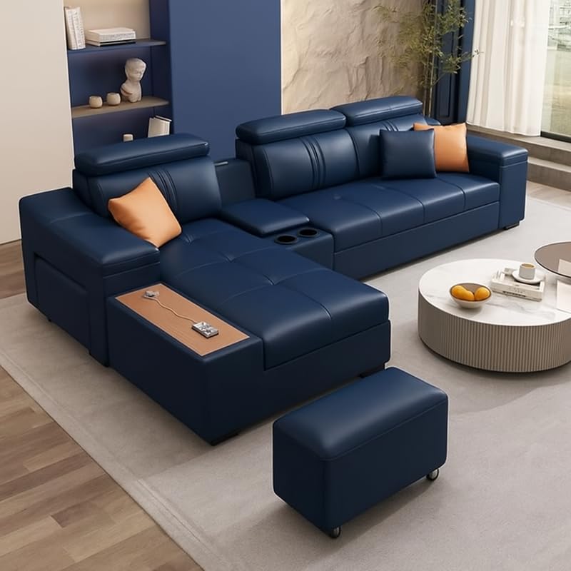 Image of Homax. Nimra Smart L-Shape 6-Seater Sectional Sofa Set with Console, Cup Holders, Charging Station & 2 Ottomans - Premium Leatherette Finish - Navy Blue Color Orientation RHS