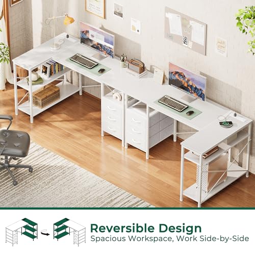 Huuger L Shaped Office Desk with Power Outlets, 47 Inch Computer Desk with 3 Drawers, Shelves, for Gaming, Corner Work, Home Office, Study, White