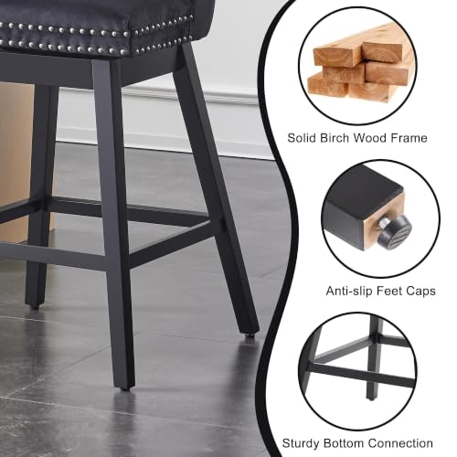 Image of Black Swivel Bar Stools, Velvet Counter Height Bar Stools Set of 4 | 360 Swivel Bar Chairs, Solid Wood Legs, Upholstered Kitchen Island Stools, Modern Extra Wide Seat (Black, 26 inch H, 4 Pack)